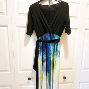 Black and Multi-Color Maxi Dress Sash Waist Side Zipper Size M